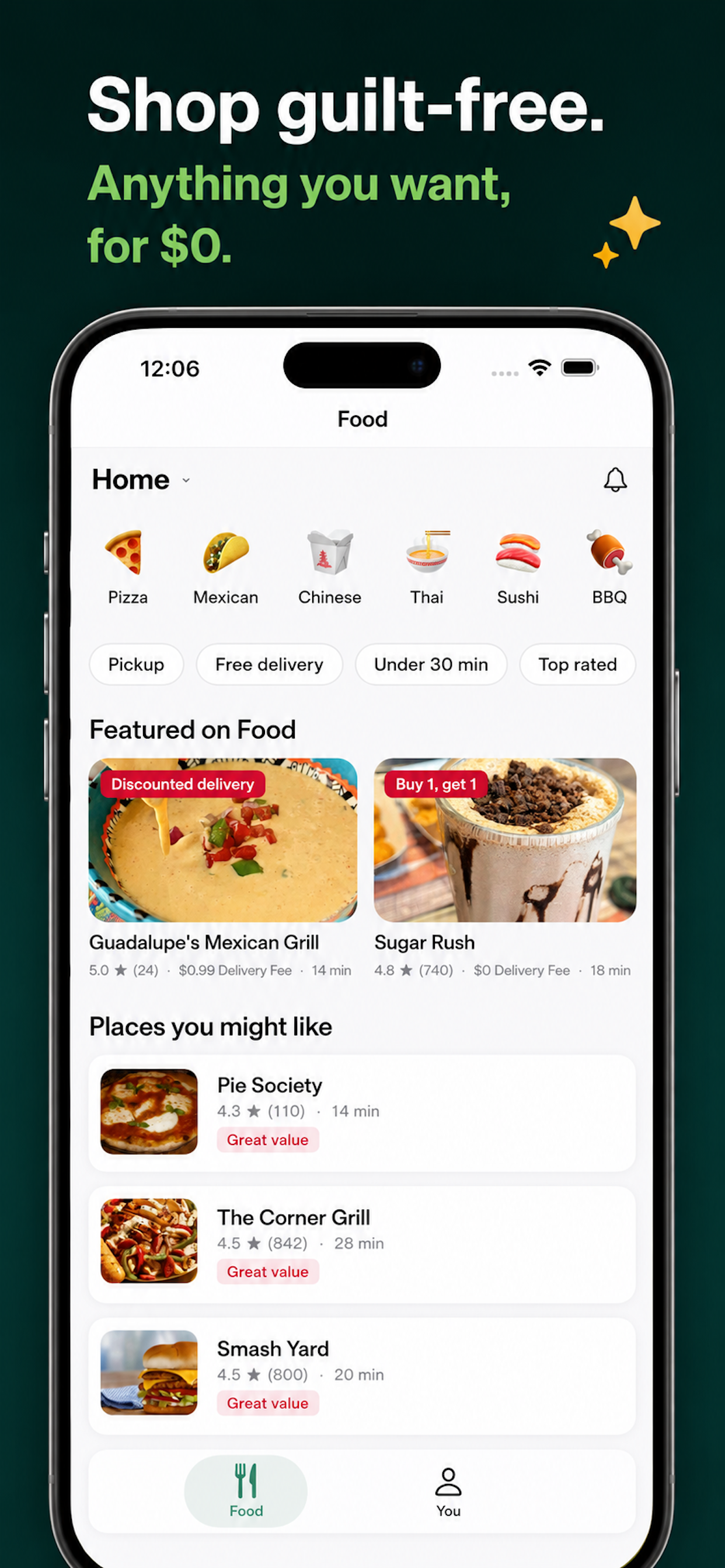 Dopamine Cart app browsing food restaurants and checking out for zero dollars