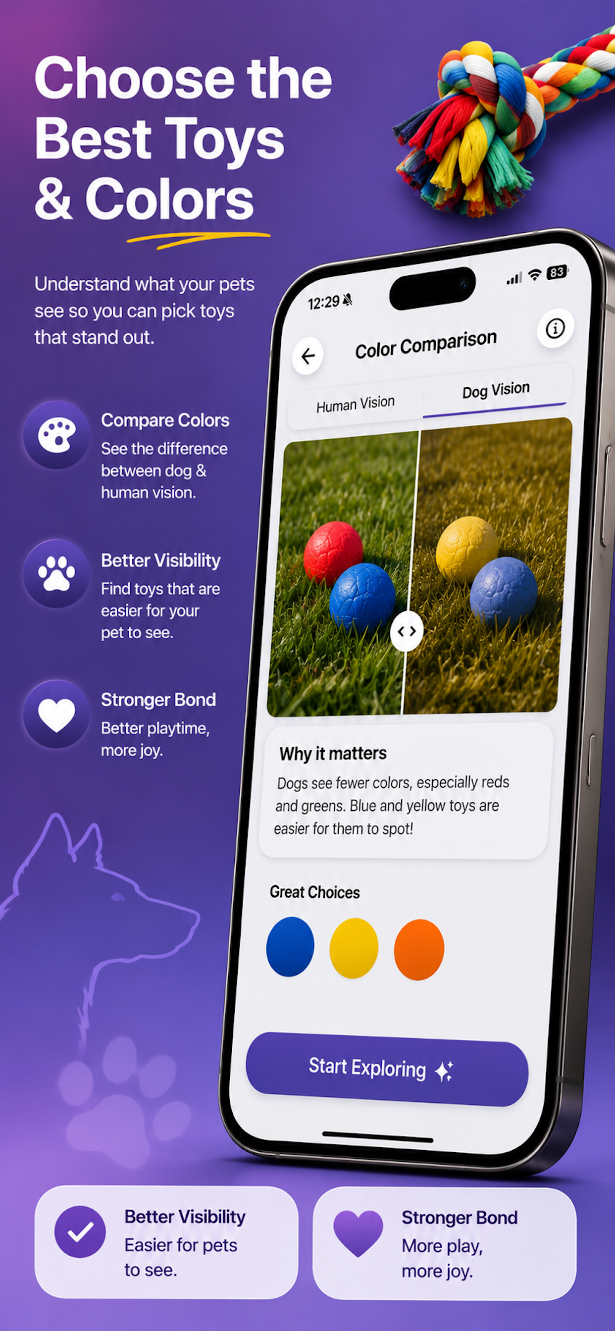 FurSight Toy Color Guide comparing toy colors for pet visibility