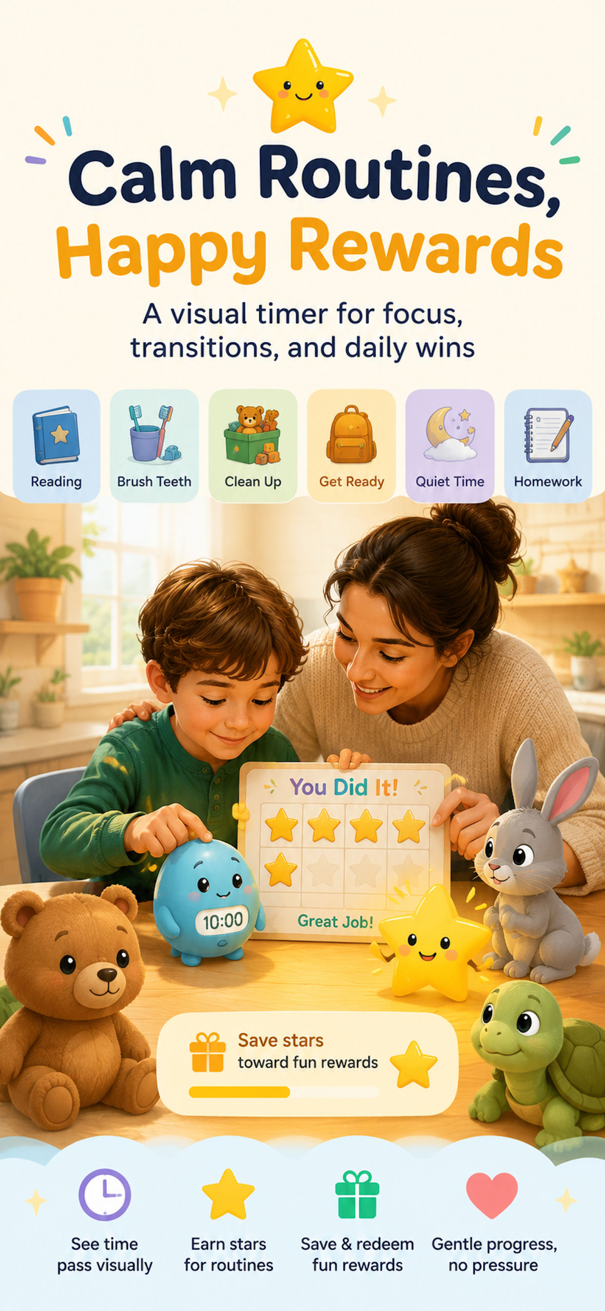 HoppityClock kids visual timer app showing calm routines and reward stars