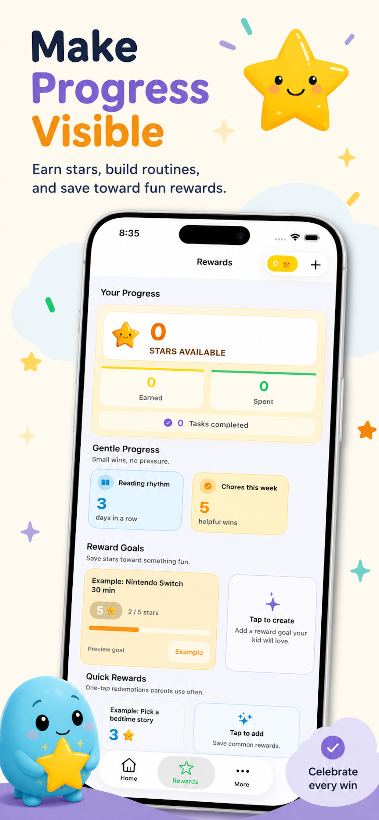 HoppityClock reward stars, progress tracking, reward goals, and quick rewards