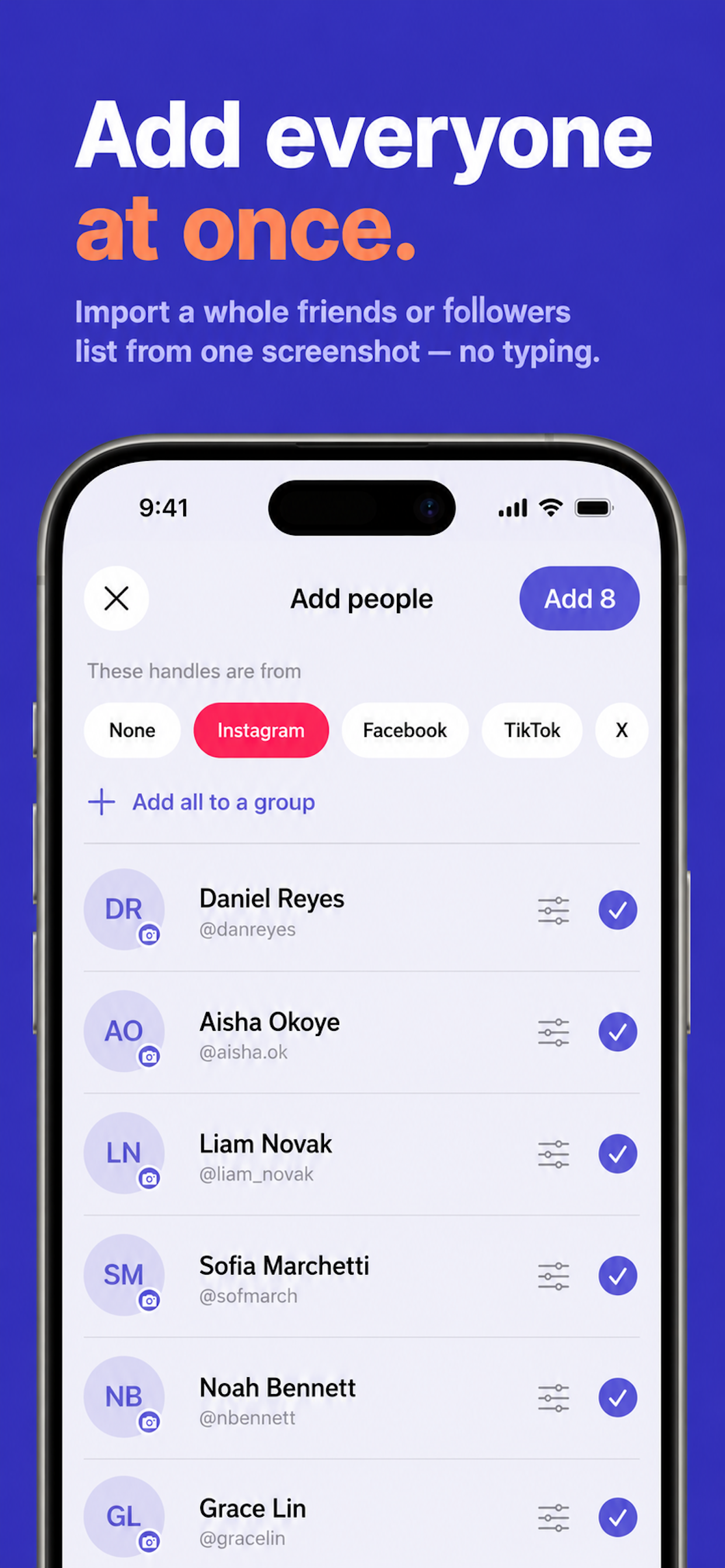 MeetMind importing a whole friends or followers list from one screenshot