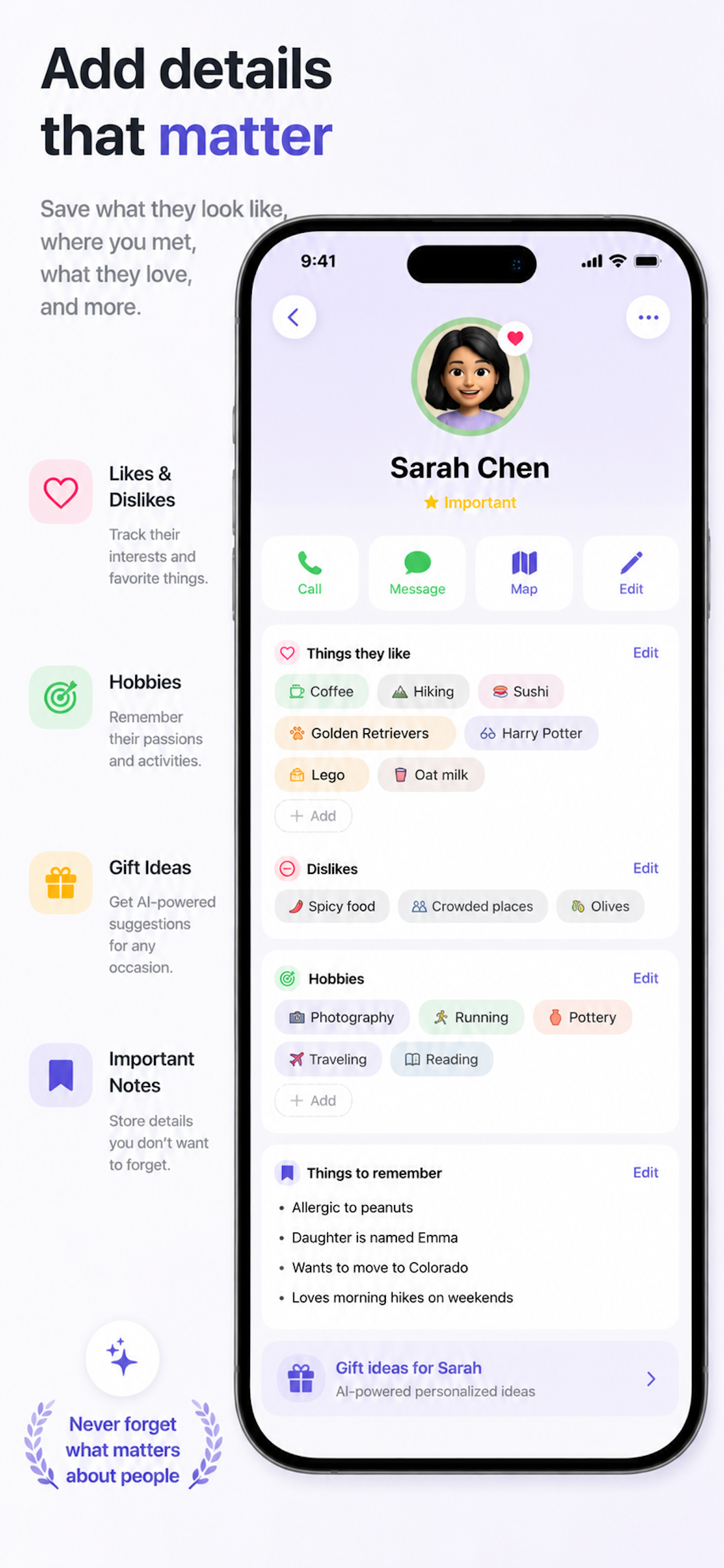 MeetMind person profile with likes, dislikes, hobbies, notes, social context, and gift ideas