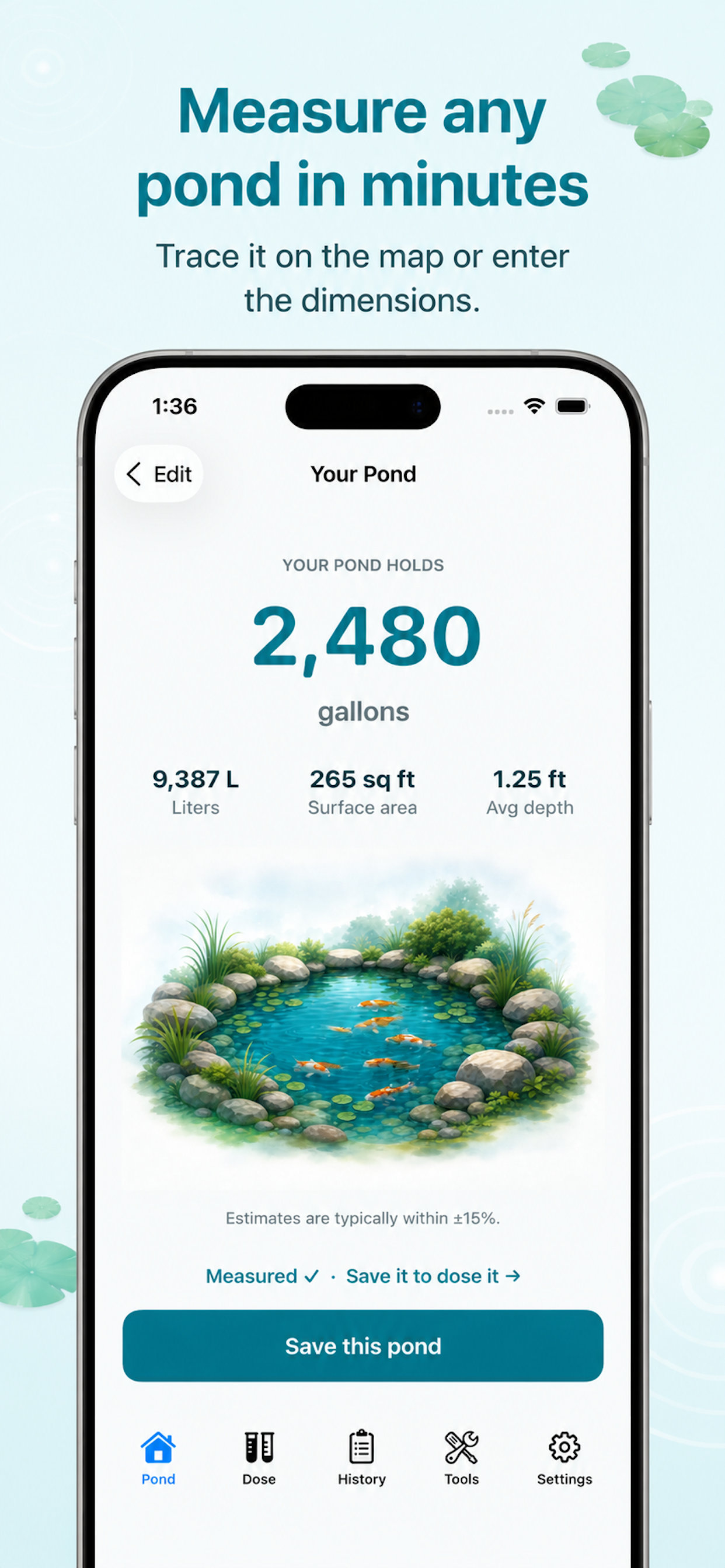 Pond Care app satellite map tool for measuring pond surface area and volume