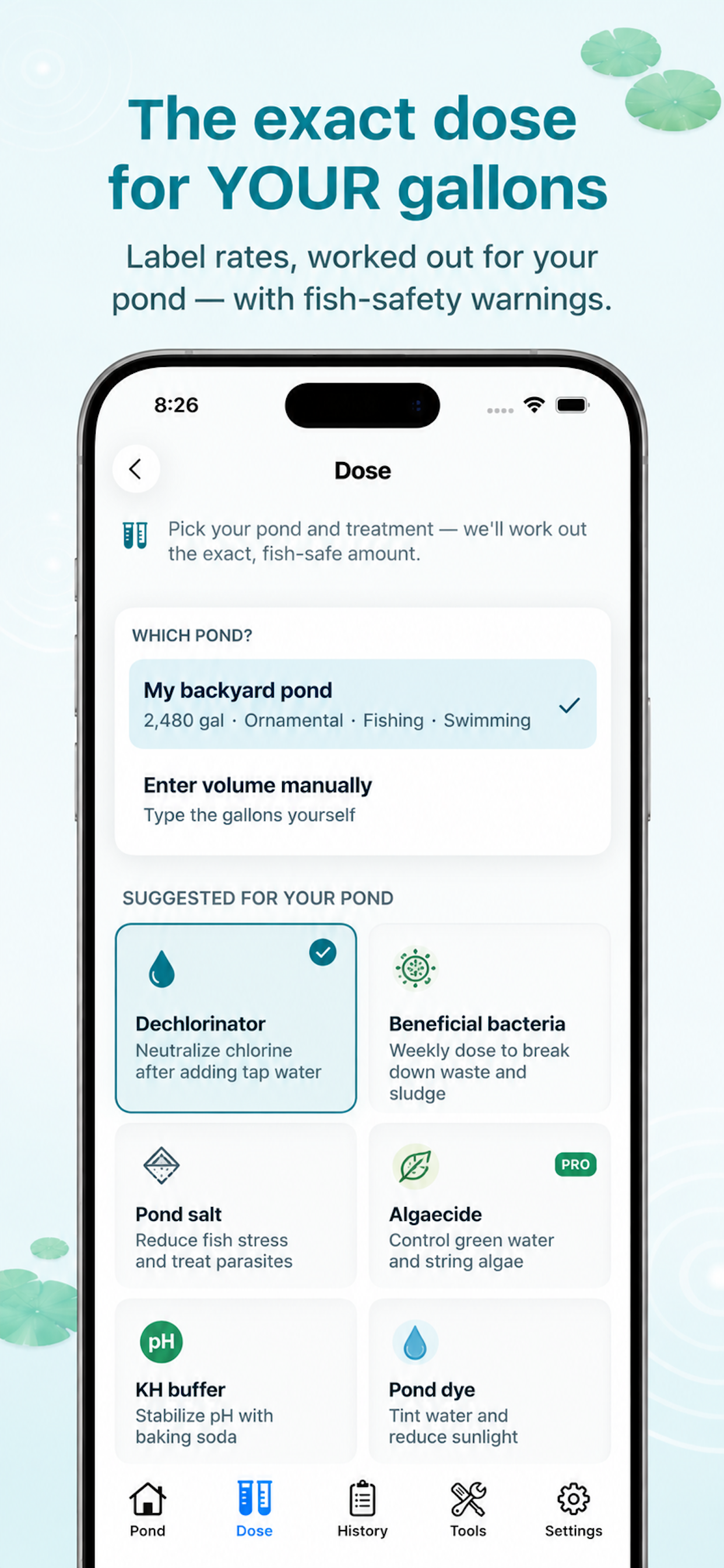 Pond Care app treatment dose calculator for safe pond dosing