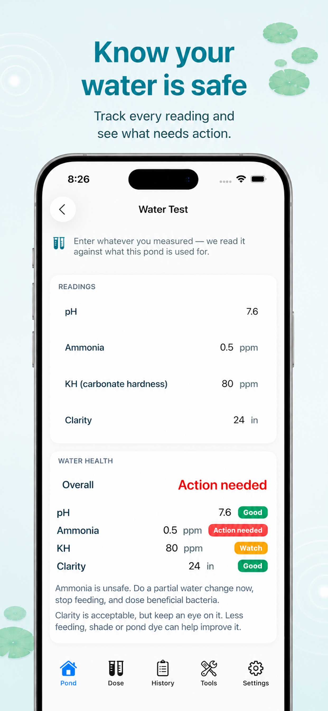Pond Care app water quality tracker for pH ammonia nitrite nitrate KH clarity and temperature
