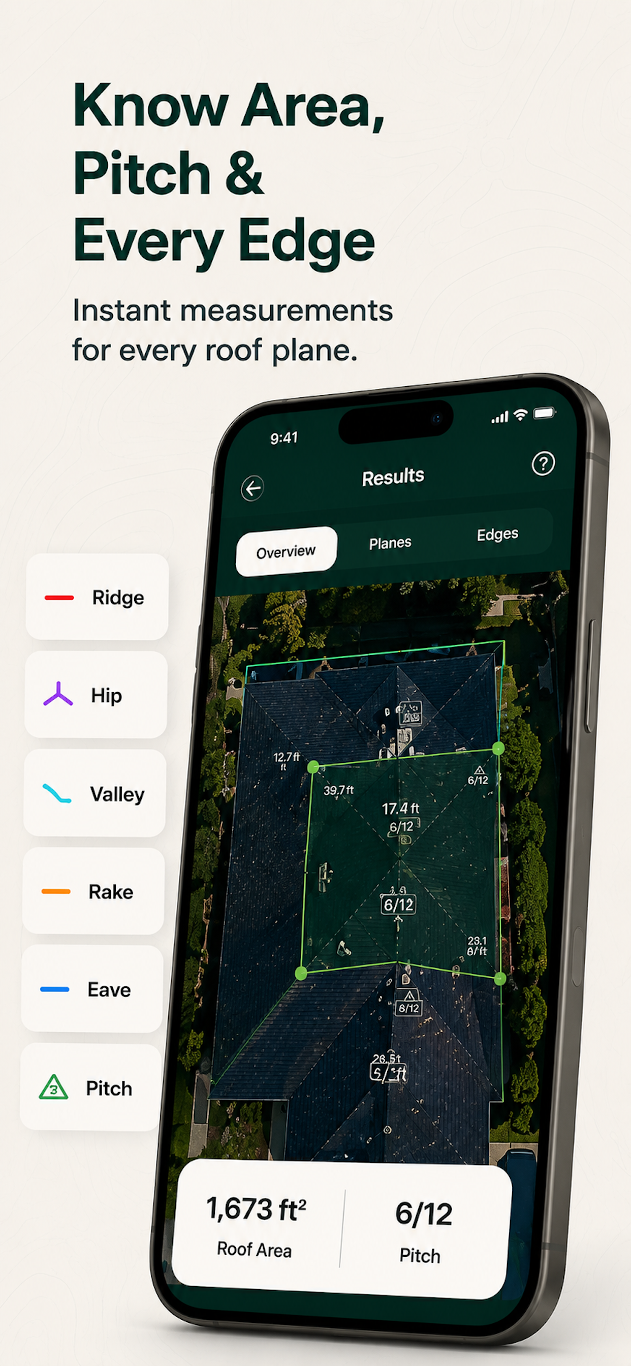 Roof Calculator app showing roof pitch true roof area and roofing squares calculation