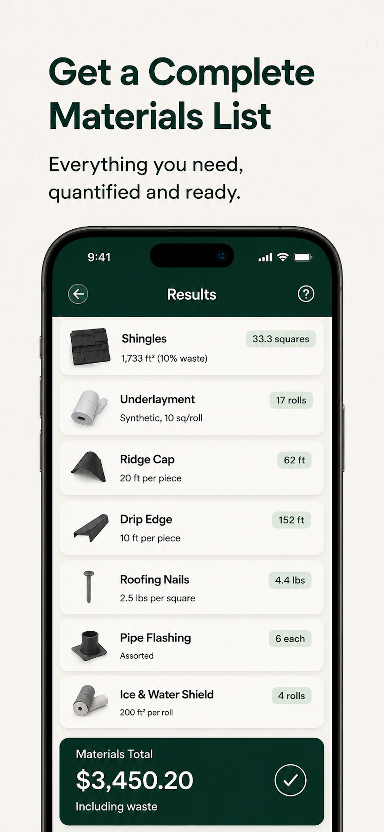 Roof Calculator app roofing material estimate for shingles metal roofing and roof waste